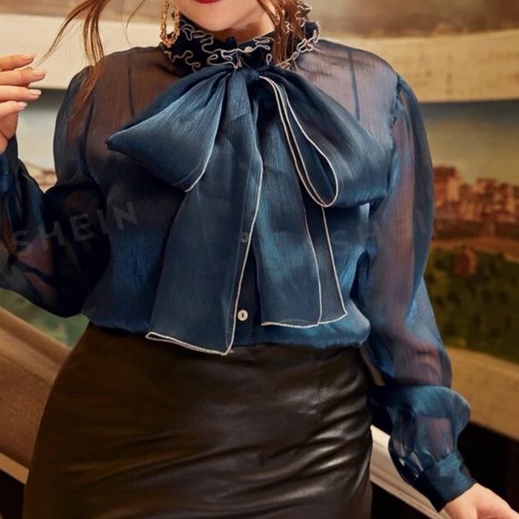 Shein Sheer blouse, long sleeves, Royal blue, women Plus size XL - Picture 1 of 11